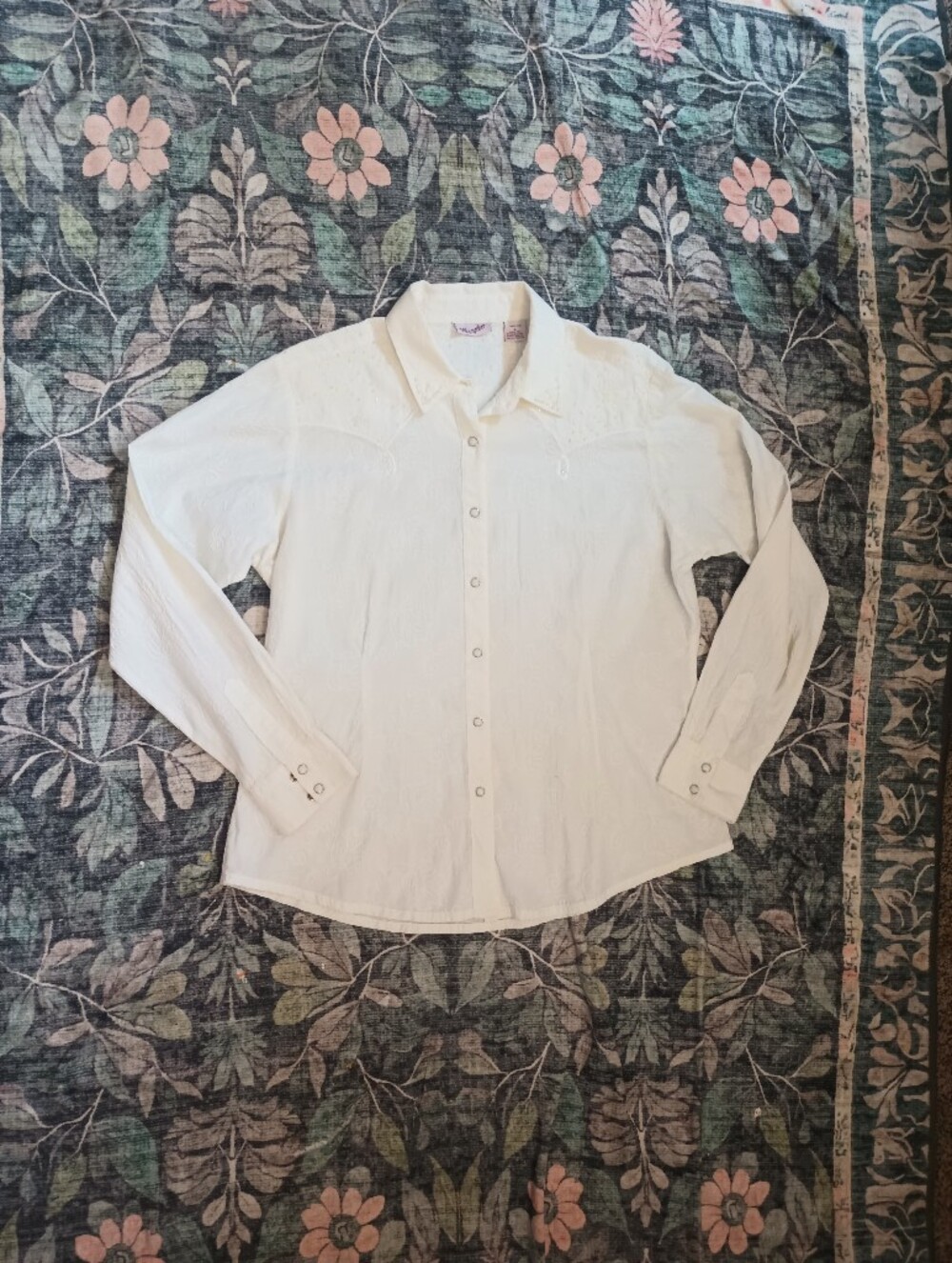 Wrangler Womens Embroidered Pearl Snap Shirt L Ivory Beaded Coastal Cowgirl
